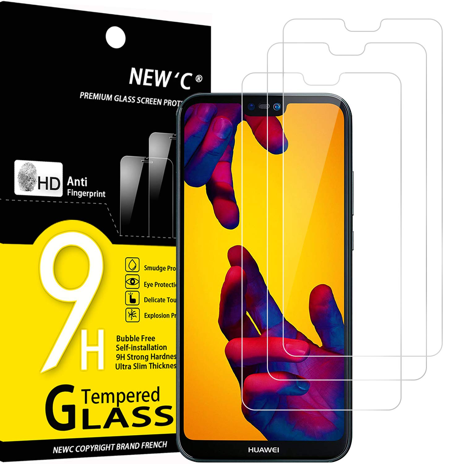 NEW'C 3 Pack Designed for Huawei P20 Lite, Nova 3e Screen Protector Tempered Glass, Case Friendly Anti Scratch Bubble Free Ultra Resistant