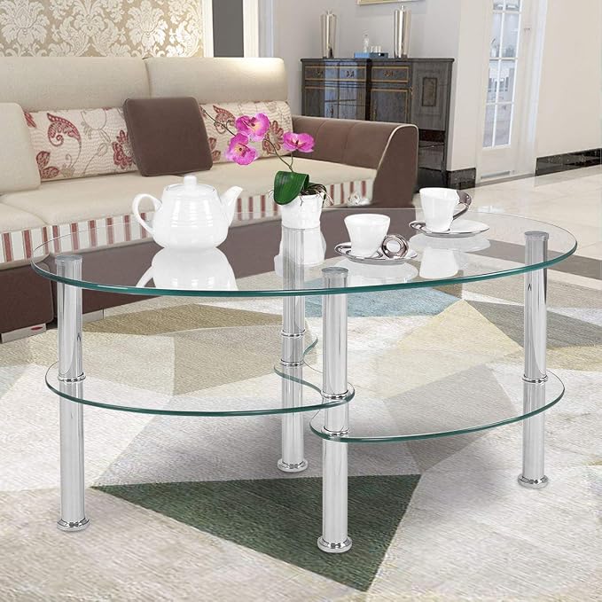 Casart Glass Coffee Table - Modern Rectangular Design With Wood Legs & Bottom Shelf, Dark Brown