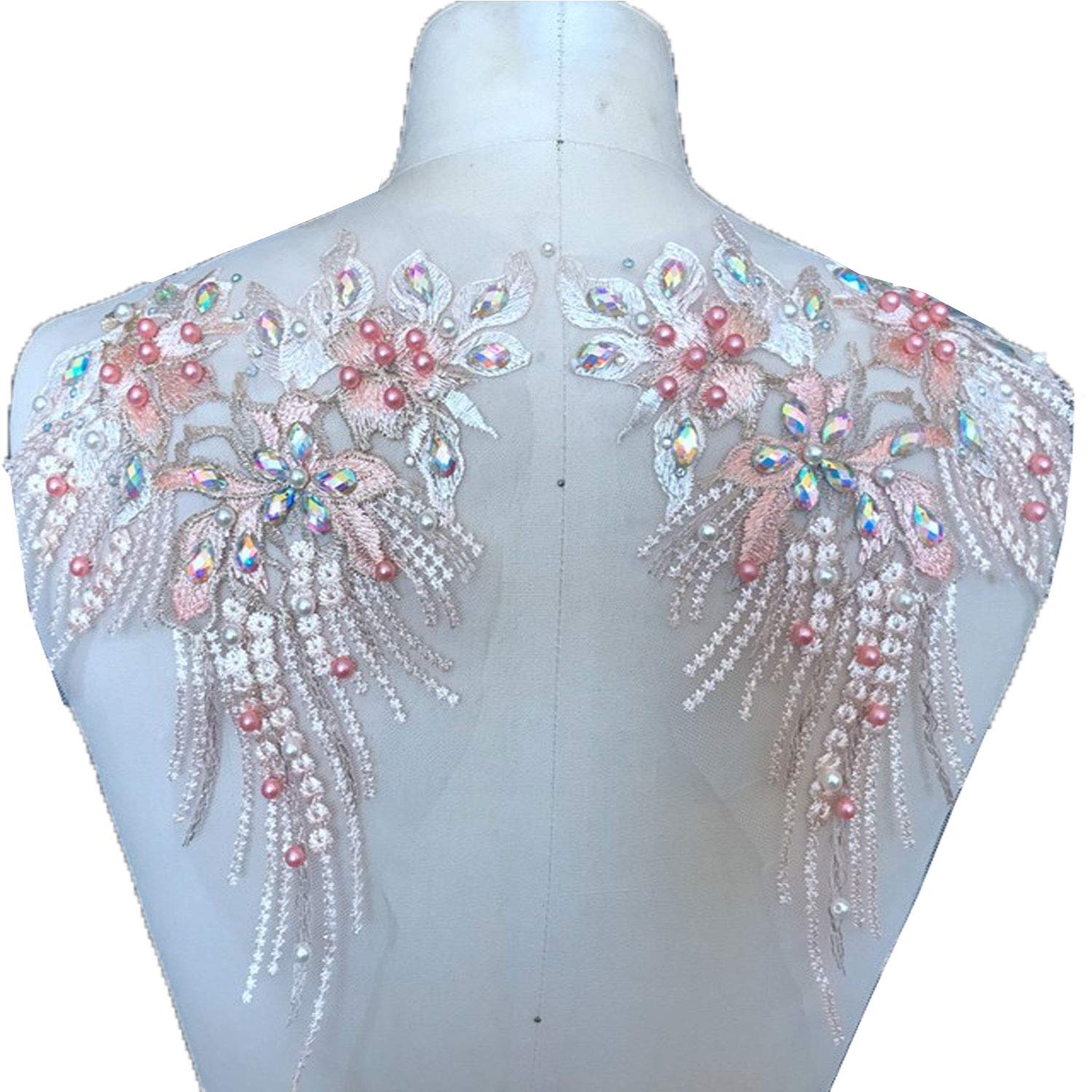 Mirror Pair Beaded Floral Applique Colorful Rhinestone Motif Embroidery Shoulder Jewelry Patch for Party Costumes Dance Dress(Colorful)