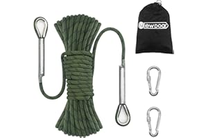 NewDoar 14KN Static Climbing Rope 8mm(5/16in) Accessory Cord Equipment 33FT(10M) 66FT(20M) 98FT(30M) 165FT(50M) Escape Rope with 2 Carabiners for Ice Climbing Equipment Fire Rescue Rope-Green/20M