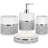 Creative Scents Mirror Damask 4 Piece Resin Bathroom Accessories Set | Includes Soap Dispenser, Toothbrush Holder, Tumbler Cup &amp; Soap Dish