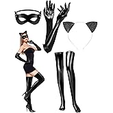 Zhanmai 4 Pcs Halloween Cat Costume Accessory for Women Including Masquerade Cat Mask Ear Headband Pu Leather Glove Thigh High Stockings for Halloween Themed Party Cosplay Party Role Playing