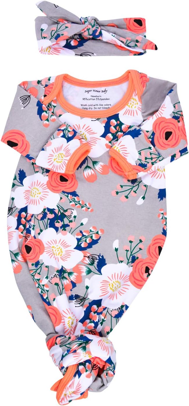 Infant Baby Tie Nightgown and Matching Hat | Sleep Gown With A Tie Bottom | Boy Girl Unisex | Soft Stretchy Cotton