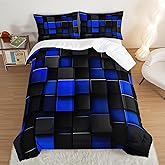 UEVBF Blue Black Comforter Twin Size Honeycomb Bedding Sets,Quadrilateral Geometric Figures Comforter Sets for Boys Teen Man Creative Room Decor,Checkered Comforter Sets with 2 Pillowcases.