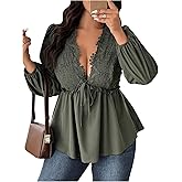 SOLY HUX Women's Plus Size Lace Blouse Deep V Neck Lantern Long Sleeve Peplum Ruffle Hem Flowy Tops Shirts