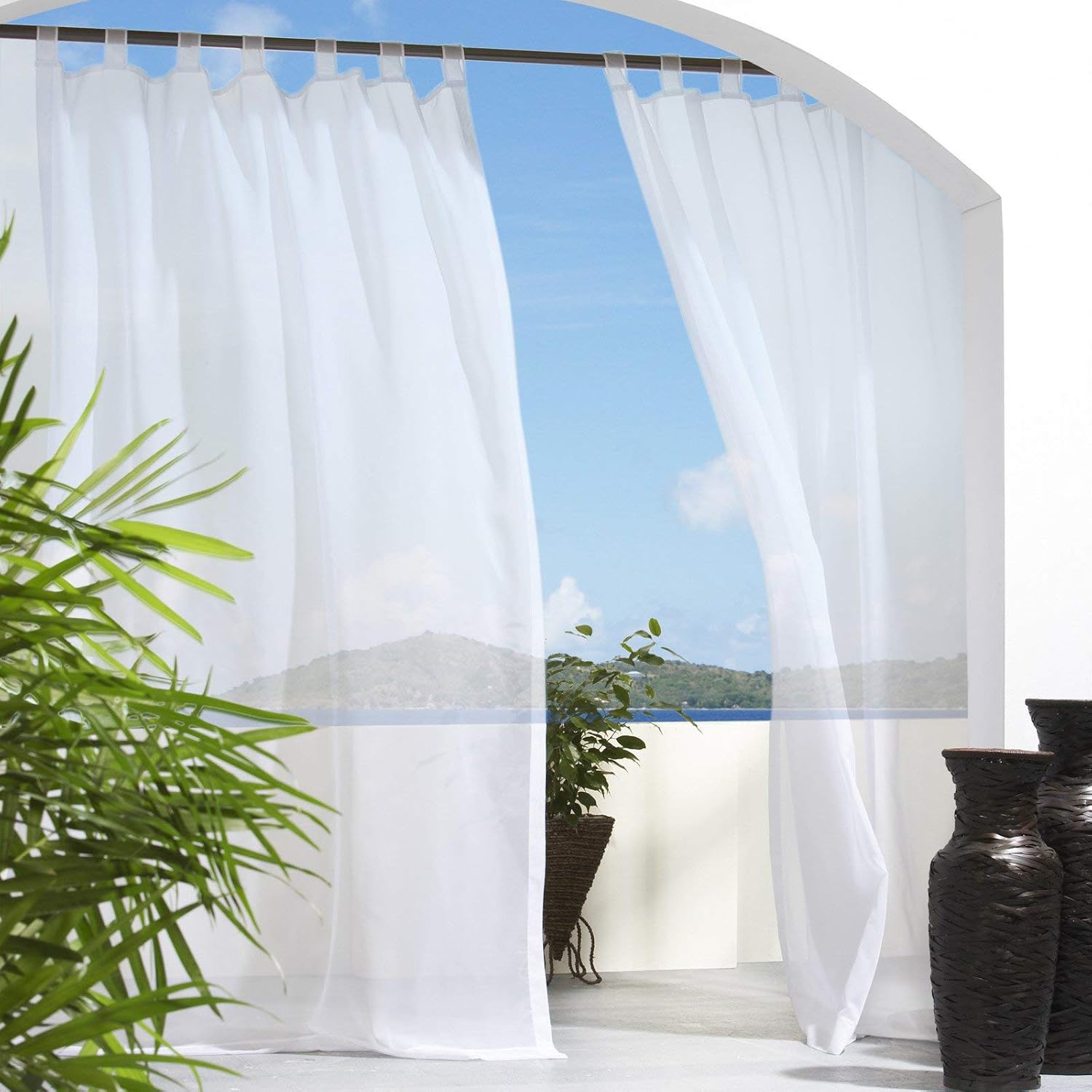 Outdoor Curtains - Outdoor De'cor Escape Waterproof Outdoor Sun Filtering Voile Tab Top Curtain, Patios, Gazebos, Privacy, Washable, Fade Resistant, 54