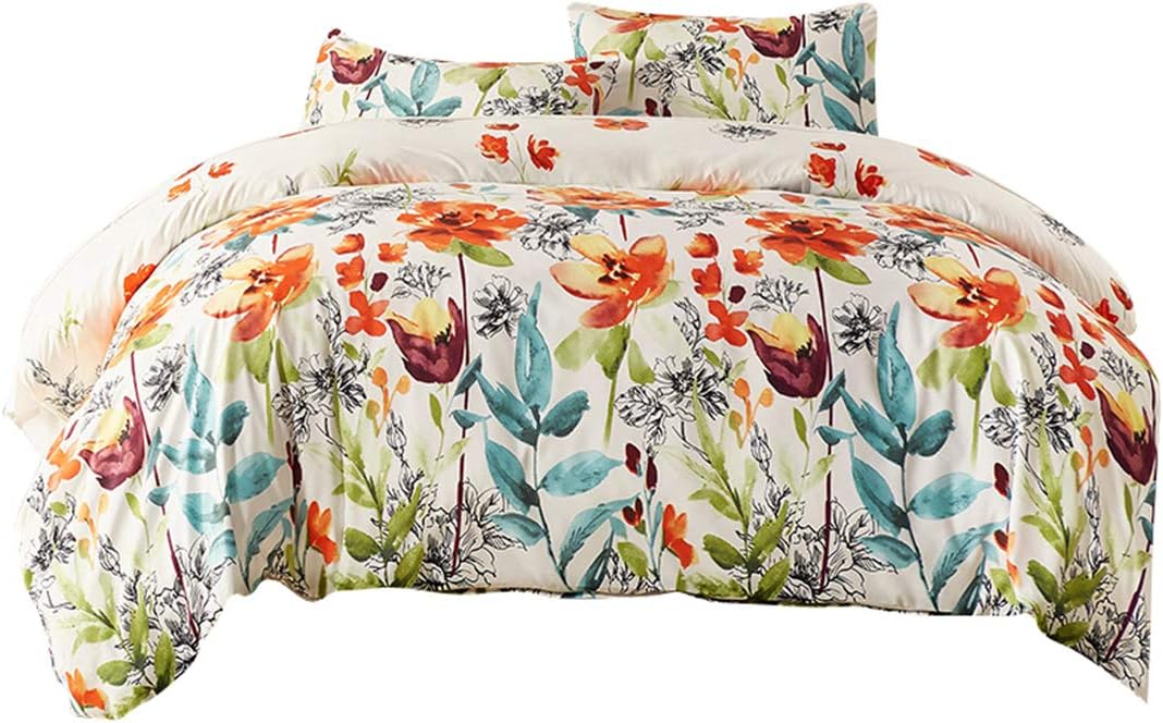 RheaChoice Boho Floral Design Printed Duvet Cover Set,3 Pieces Stylish Brushed Microfiber Bedding Set with Zipper and Corner Ties - King Size (104"x90")