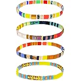Tyebiva Tila Flat Beaded Bracelets Set for Women, 4Pcs Trendy Miyuki Glass Stack Beads Stretch Bracelet Outfit Accessories Jewelry Gift.