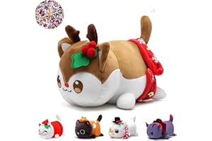 KOWSI 61-PCS 11-inches Reindeer Cat Plush + 60-Sticker - Christmas Halloween Cat Plush Collection - 100% Polyester Embroidered Plushie Pillow - Soft Stuffed Animal Collectible (Reindeer Cat)