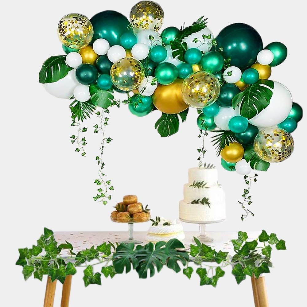 Jungle Safari Balloon Garland Arch,Green Gold Confetti Balloons with Faux Greenery Ivy Leaf Vines, Ivy Vines,Turtle Leaves for Wild One Birthday Woodland Theme Party Decoration