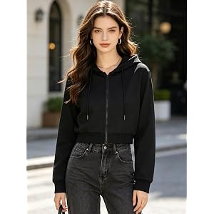 Women's White Cropped Zip-Up Hoodie Casual Long Sleeve Drawstring Cropped Sweatshirt