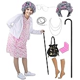 Mosong Old Lady Costume for Women Adult 100 Days of School Costume Grandma Costumes Dress Up Accessories for Halloween