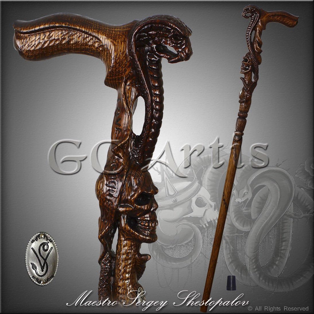 Snake Cobra & Skull Head Wooden Carved Carving Hand Crafted Walking Stick Cane