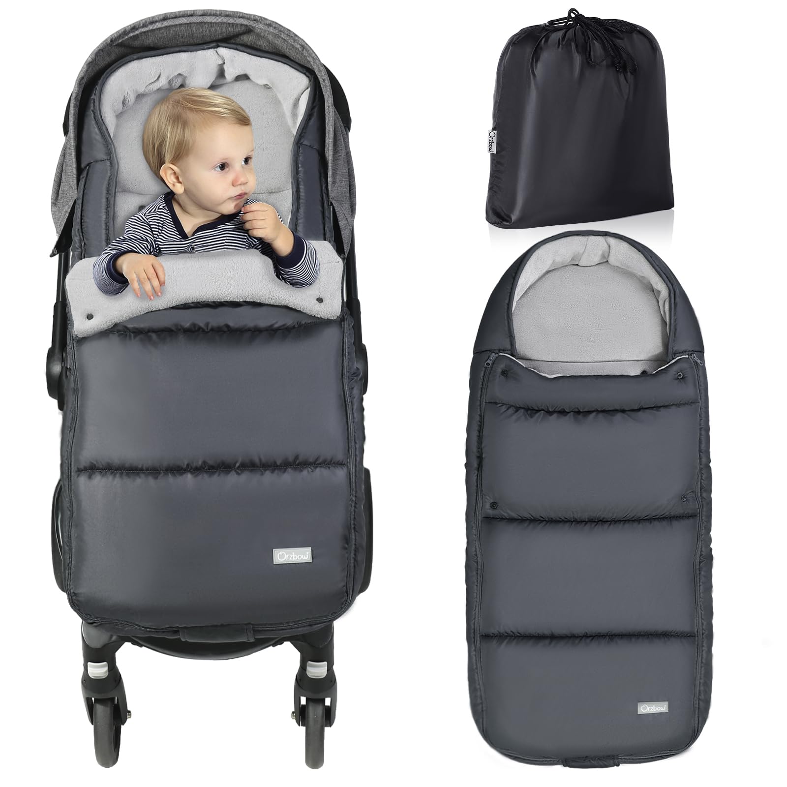 Orzbow Winter Footmuff for Pushchair Universal Footmuff for Stroller, Adjustable Cosy Toes for Buggy with Zip & Buttons, Removable Pram Footmuff with Drawstring Bag, Easy Access, Dark Grey