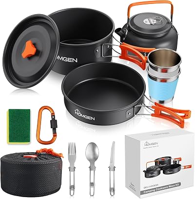 HOMGEN Camping Cookware Set 2-3 People Aluminum Pots Pans Stove Kit