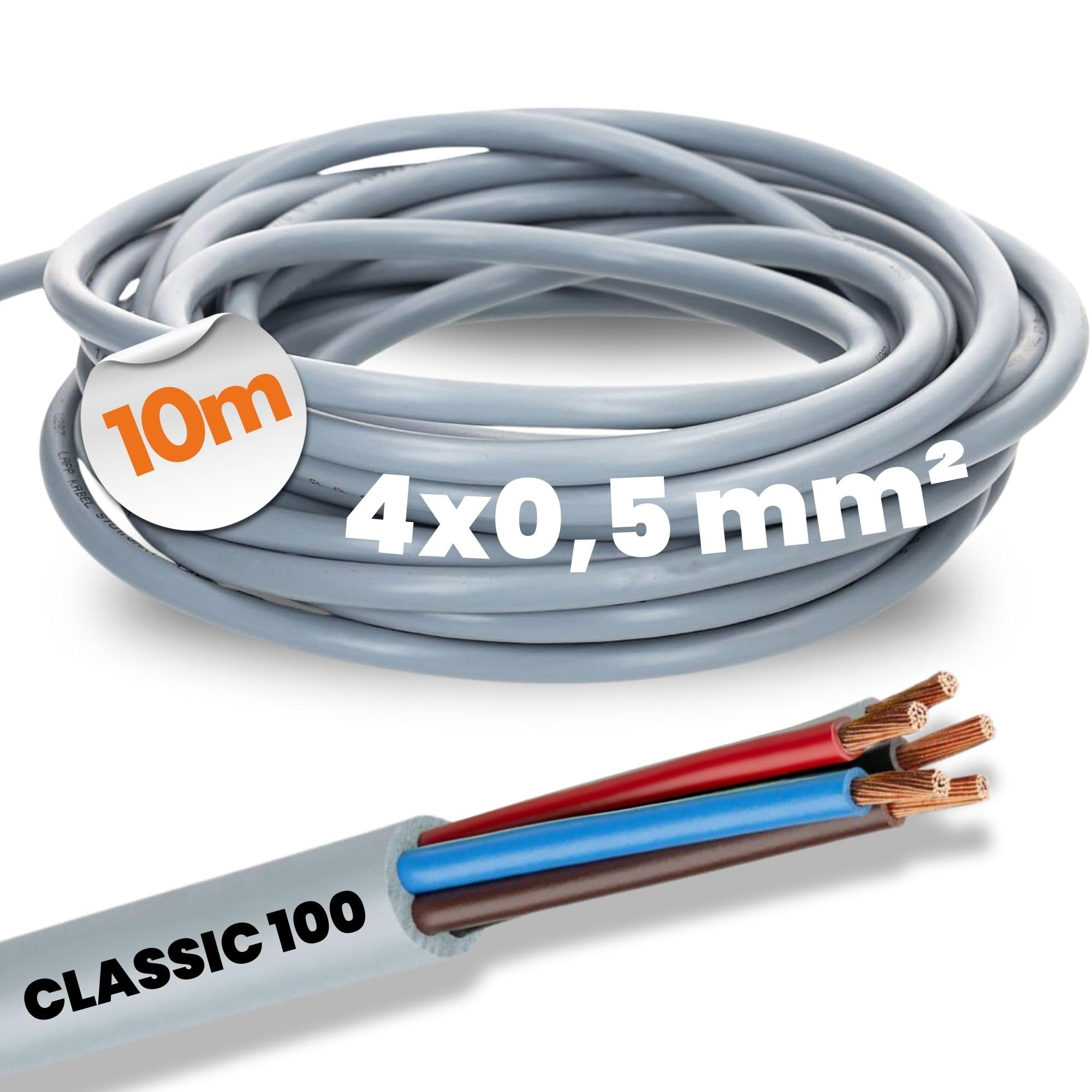 10 Metre Lapp 00101234 Ölflex Classic 100 Control Line 4 x 0.5 mm² without Green-Yellow Protective Conductor, 4 Core Cable, Colour-Coded PVC Cable, 4 Core