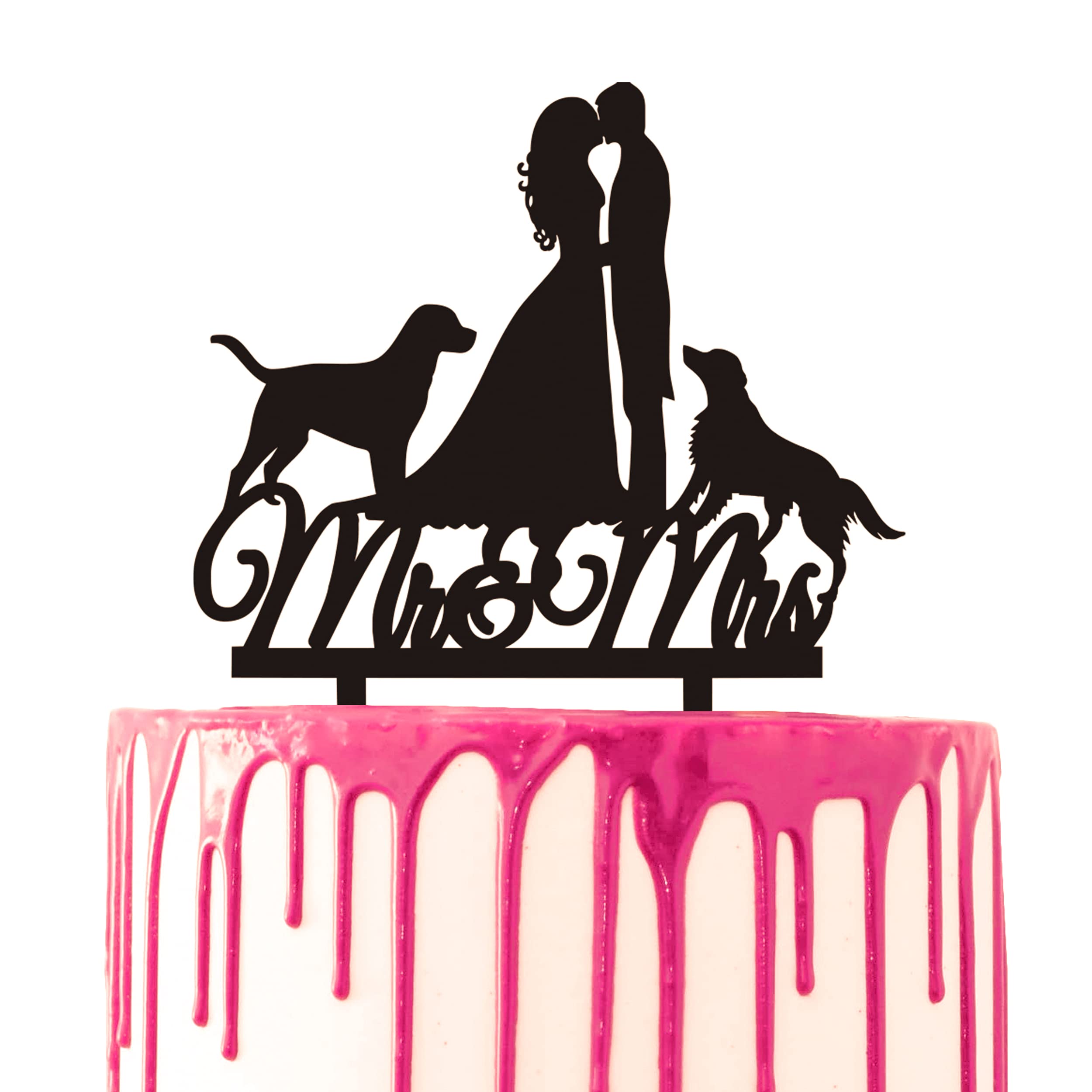CARISPIBET Cake topper groom and bride kissing with two dogs silhouette acrylic