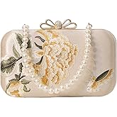 YYW Clutch Purse Women Floral Embroidery Evening Bag Elegant Pearl Crossbody Handbags for Wedding Cocktail Party Prom