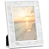 Tanmicoshomy Picture Frames 5x7 Inch, White Natural Shell Inlay Photo Frame | Handcrafted Seashell Borde,Unique Hnadmade Tabletop or Wall Hanging Display for Family Photos, Wedding Pictures
