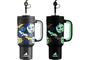 POWCAN 40oz Halloween Tumbler with Handle, Glow-in-the-Dark, 2-in-1 Straw Lid, Leakproof, Insulated Stainless Steel Travel Coffee Mug, Keeps Cold for 34 Hours, Fits in Car Cup Holder (Glowing Pumpkin)