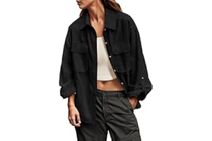 Lepunuo Womens Shacket Long Sleeve Shirt Jacket Button Down Linen Roll-up 3/4 Sleeves Shirts Blouses Tops Streetwear