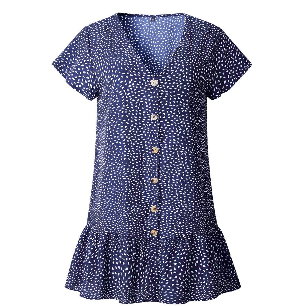Women\'s Polka Dot Ruffles V Neck Button Down Casual Loose Swing Short Mini T-Shirt Dress Blue