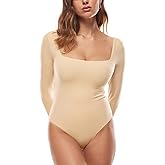 INLYRIC Women's Natrelax Square Neck Long Sleeve Bodysuit Sexy Backless Double Lined Basic Tops Boodysuits