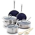 Blue Diamond HD Stainless Steel Clad Pro 10 Piece Cookware Pots and Pans Set, Diamond Infused Ceramic Nonstick, PFAS-Free, Dishwasher Safe, Oven and Broiler Safe, Silver