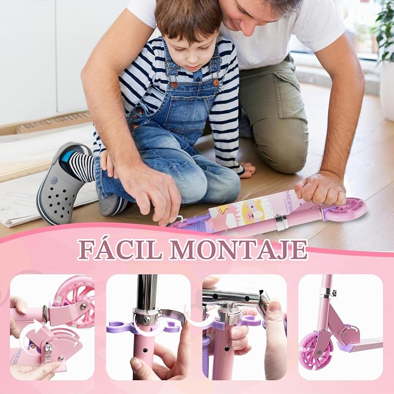 Patinete para niños a partir de 3 años, patinete plegable con 2 ruedas luminosas, regalo ideal para niños, patinete fácil con manillar ajustable a 3 niveles y freno