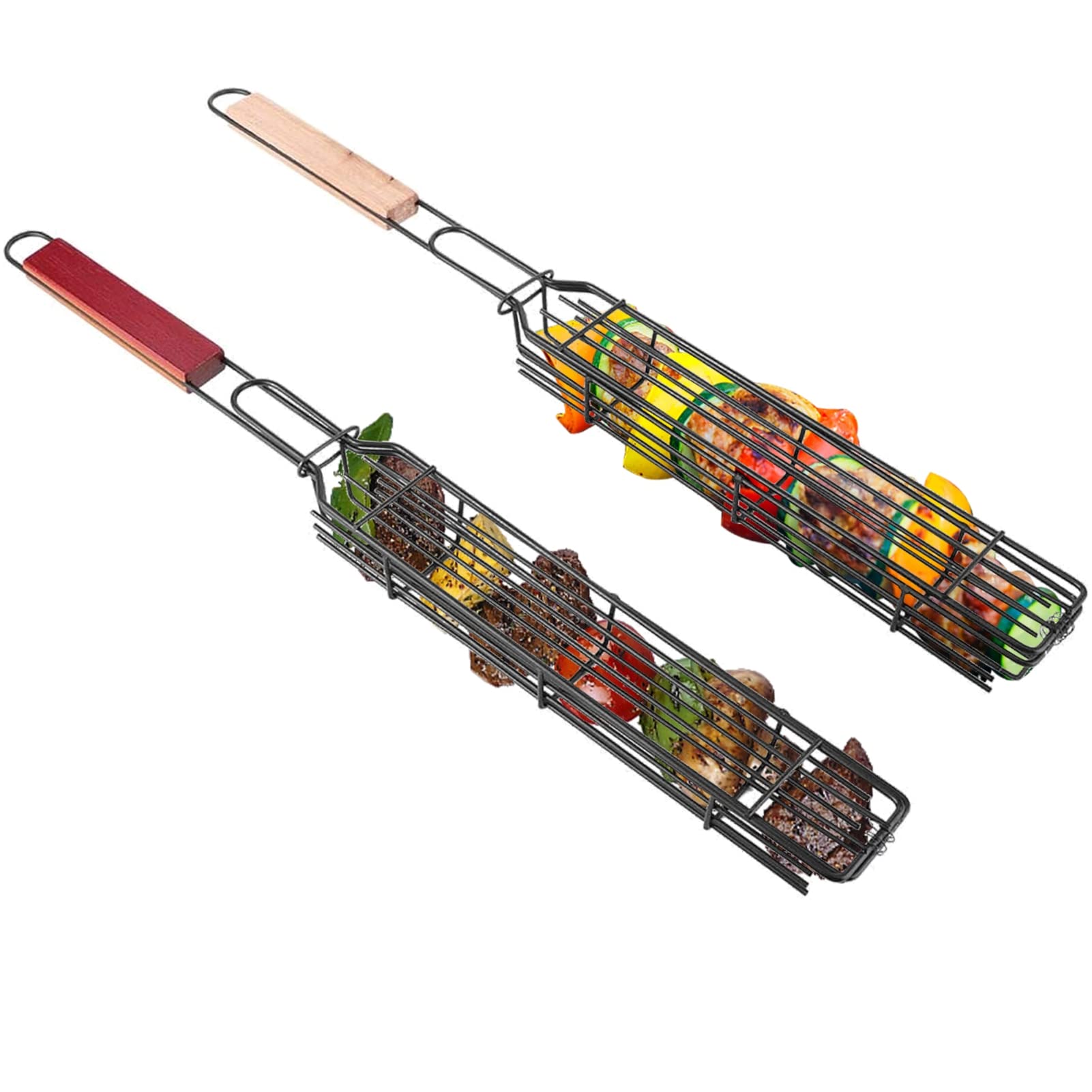 2pcs Kabob Grilling Baskets, Foldable Stainless Steel Kabob Baskets Grilling Skewers with Wooden Handle for Fish Vegetable Sausage Meat