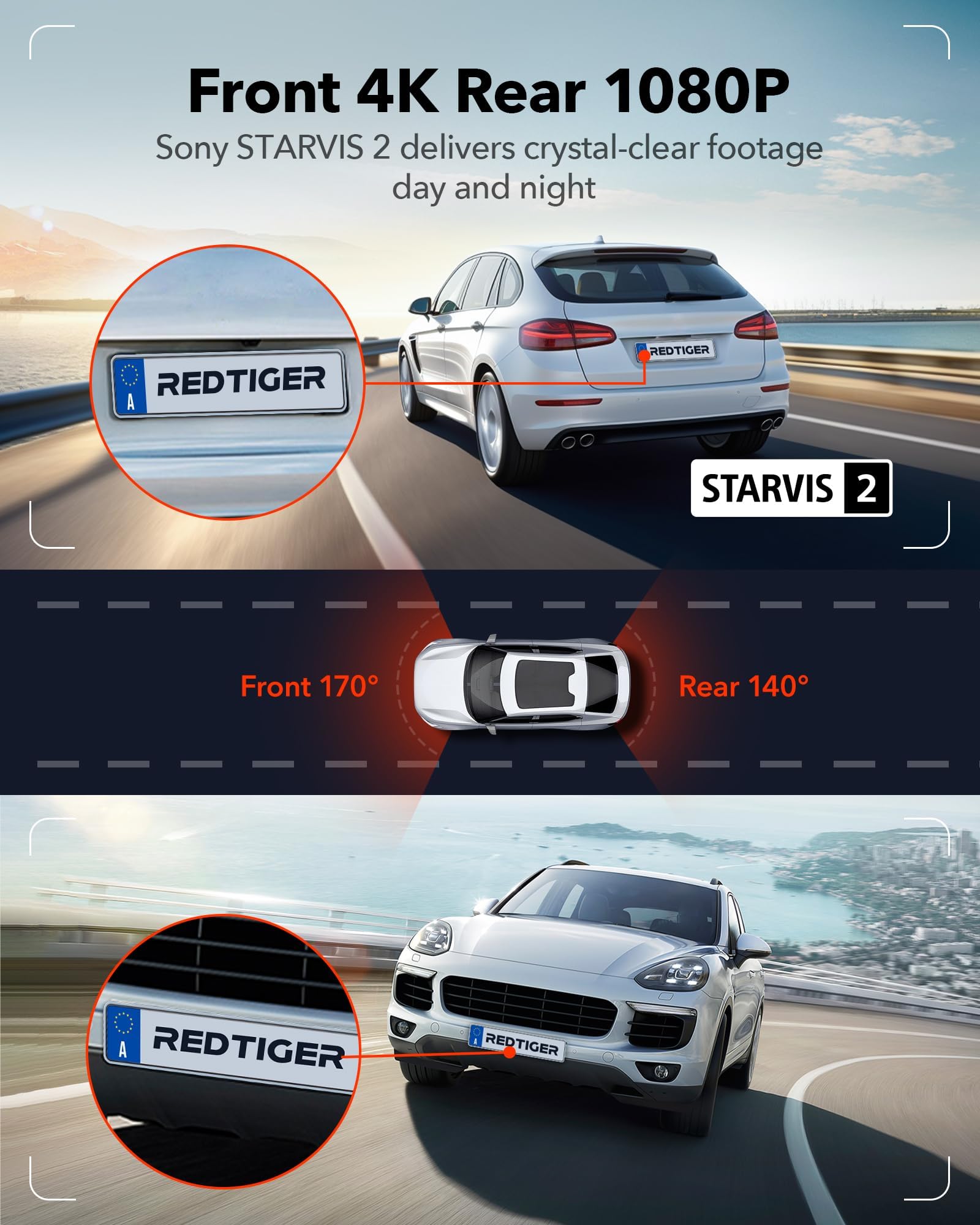 REDTIGER 4K Dash Cam Front and Rear, STARVIS 2 Sensor, Touch Screen 3.18