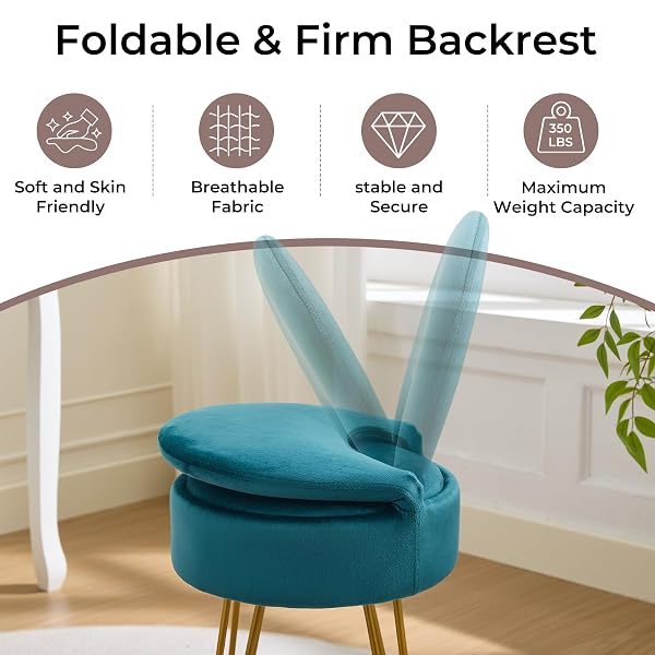 RUCUKEN VELVET GREEN SMALL VANITY CHAIR & STOOL – 13″ DX13 W FOLDING BACK STORAGE OTTOMAN, ANTI-SLIP GOLDEN V-LEG FOR BEDROOM MAKEUP ROOM