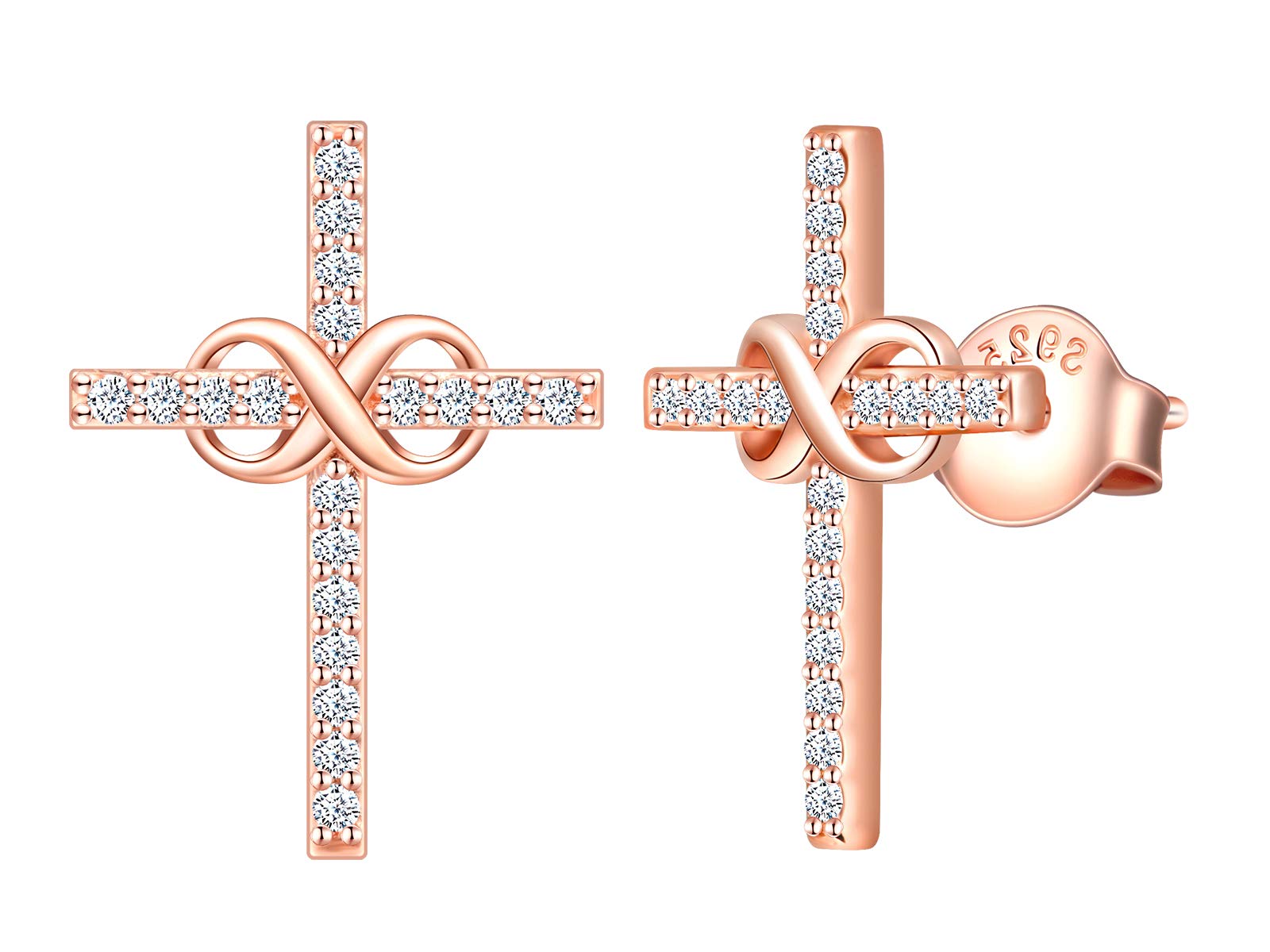 INFINIONLY Women's Earrings Studs, 925 sterling silver Jewellery Sets, Infinity symbol and cross earrings, Inlaid zircon, Rose gold, Christmas Mother's Day and Birthday gift