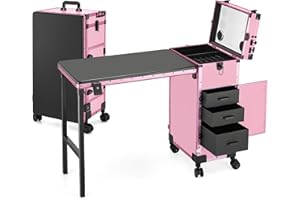 ZhenGuiRu Rolling Manicure Table Foldable Nail Desk 4 Drawers, Makeup Organizer Blueteeth Speaker on Wheels, Travel Makeup Case with LED Mirror TSA Lock for Technician Workstation Salon