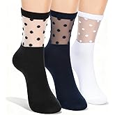 Yolev 6 Pairs Half Sheer Ankle Socks Lace Polka Dot Socks for Women Ultra Soft Ankle Stockings for Women Fashion See Through Sock