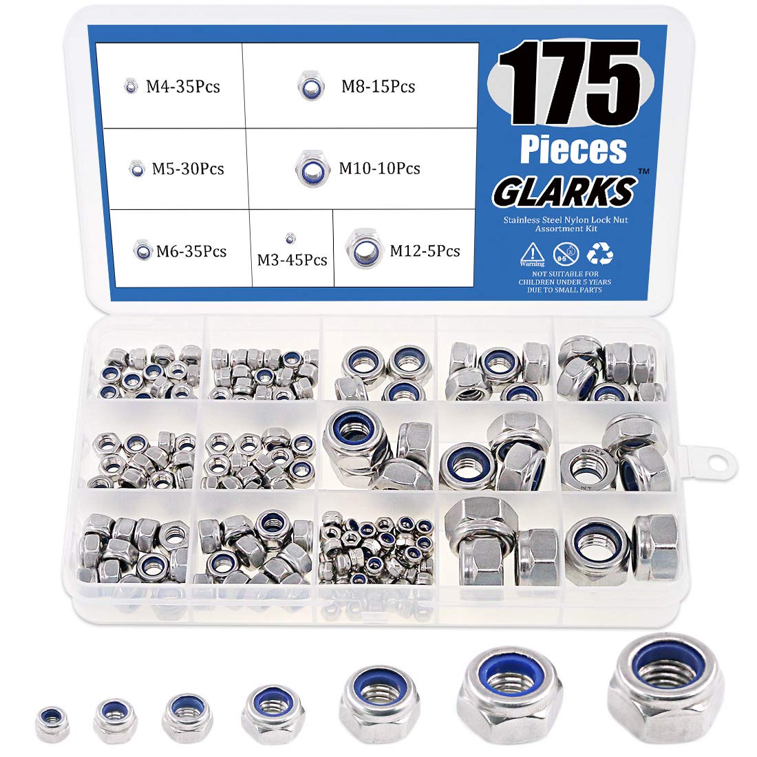 Glarks 175pcs Metric 304 Stainless Steel Nylon Lock Nut Assortment Kit - M3 M4 M5 M6 M8 M10 M12