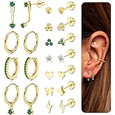 SAILIMUE Hypoallergenic Flat Back Earrings Gold Earrings Stacks Set Surgical Stainless Steel Cartilage Earring for Women Dainty Flatback Stud Small Hoop Earring Sets for Multiple Piercing