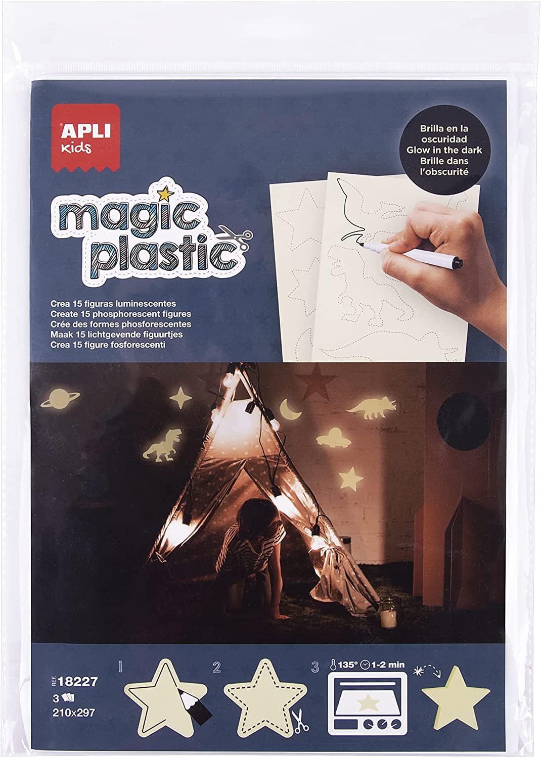 APLI Kids APLI 18227-Magic Plastic Glow in The Dark, Glow in the Dark, A4 Measurement, 3 Sheets (18227)
