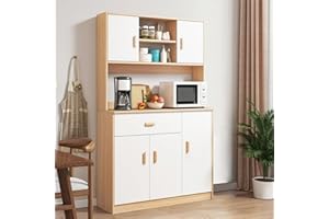YOXIER Kitchen Cupboard, Microwave Stand with Storage Cabinet, Large Buffet Cupboard with Glass Doors, Drawers, Adjustable Sh