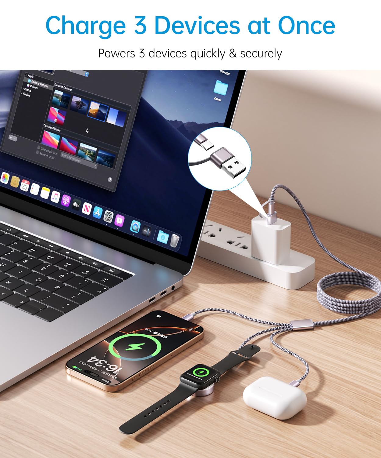 Wtinquik Travel Essentials, Multi Fast Charging Cable for Apple Watch Charger/iPhone Charger, 3 in 2 USB C Cable Cord Compatible with iWatch Ultra/SE/10-1/iPhone 16-11/Samsung S25-22, 4FT, Gray