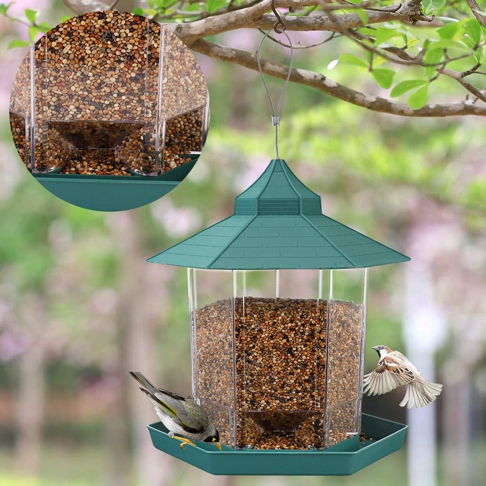 HIPPIH Wild Bird Feeder Hanging for Garden Yard Outside Decoration, Hexagon Shaped with Roof Hanging Panorama Bird Feeders for Mix Seed Blends, Classic Green : Garden & Outdoor