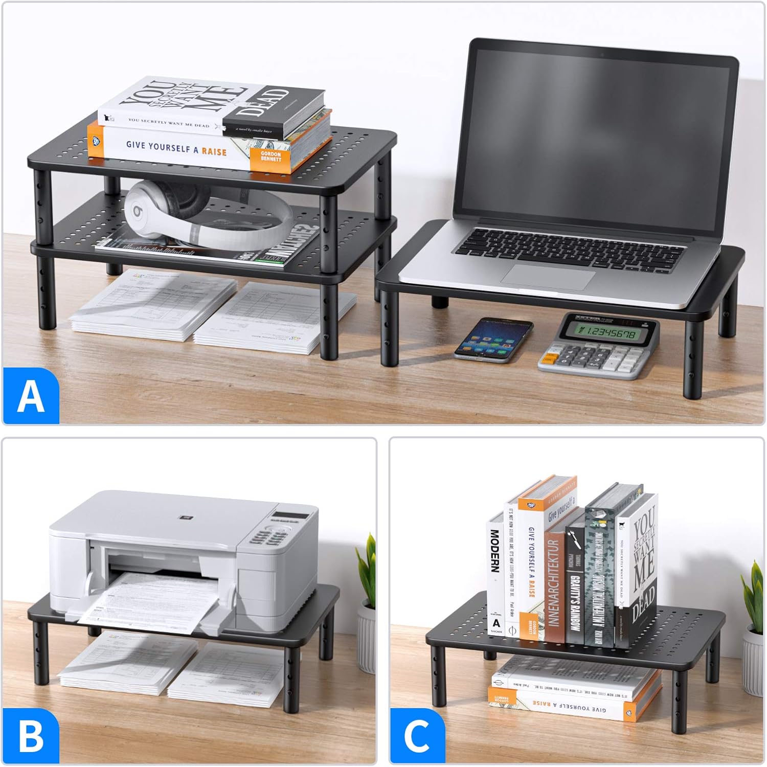 HUANUO 2-Pack Monitor Stand, 3 Height Adjustable Monitor Riser for Laptop Computer, iMac, PC, Printer - Image 4