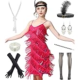 Women 1920s Gatsby Flapper Dress Sexy Open Back Strap Fringed Cocktail Party Dress with 20s Accessories