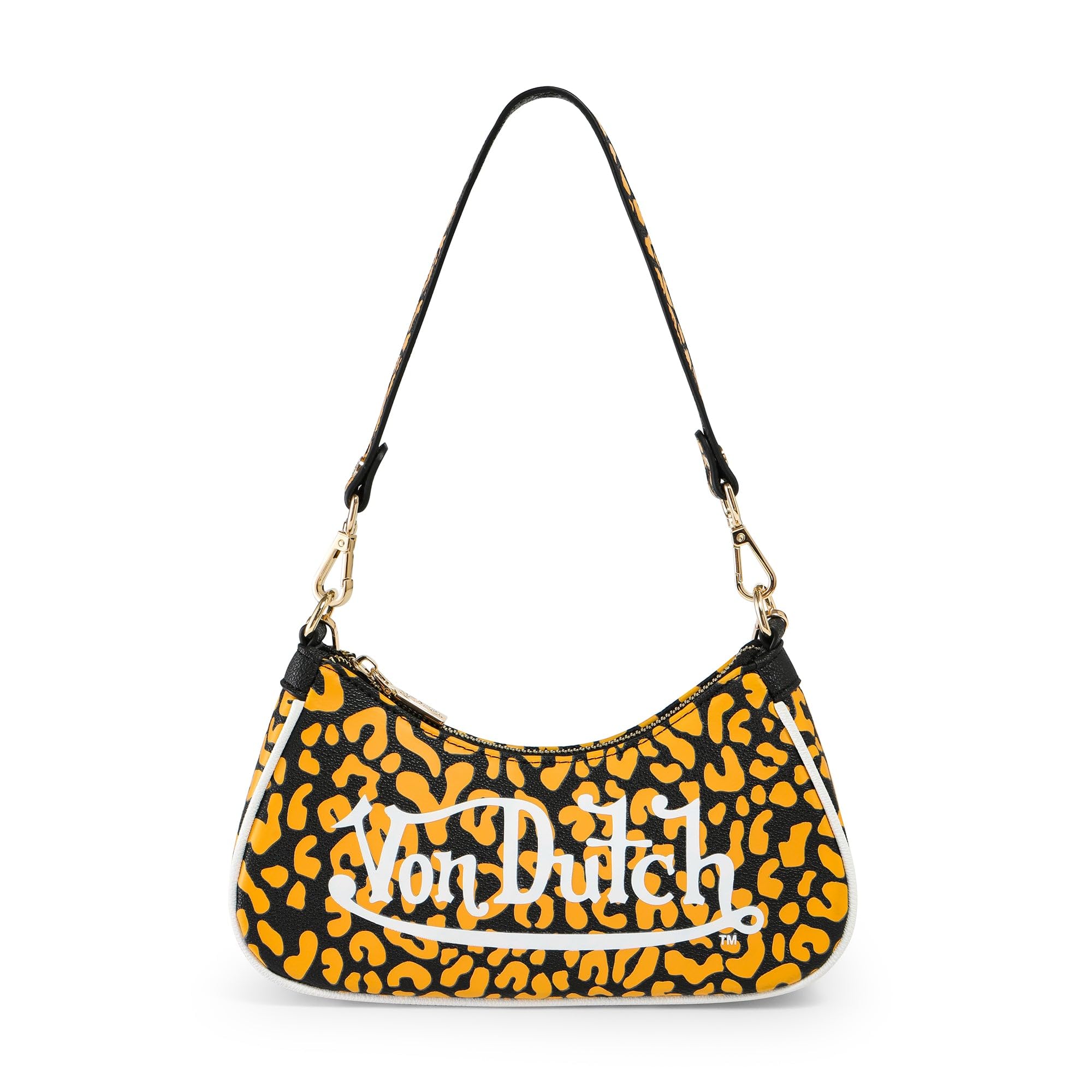 Von Dutch Purse Shoulder Bag, Women's Shoulder Handbags Logo Print and Gold Chain with Wrench Charm (Orange Cheetah)