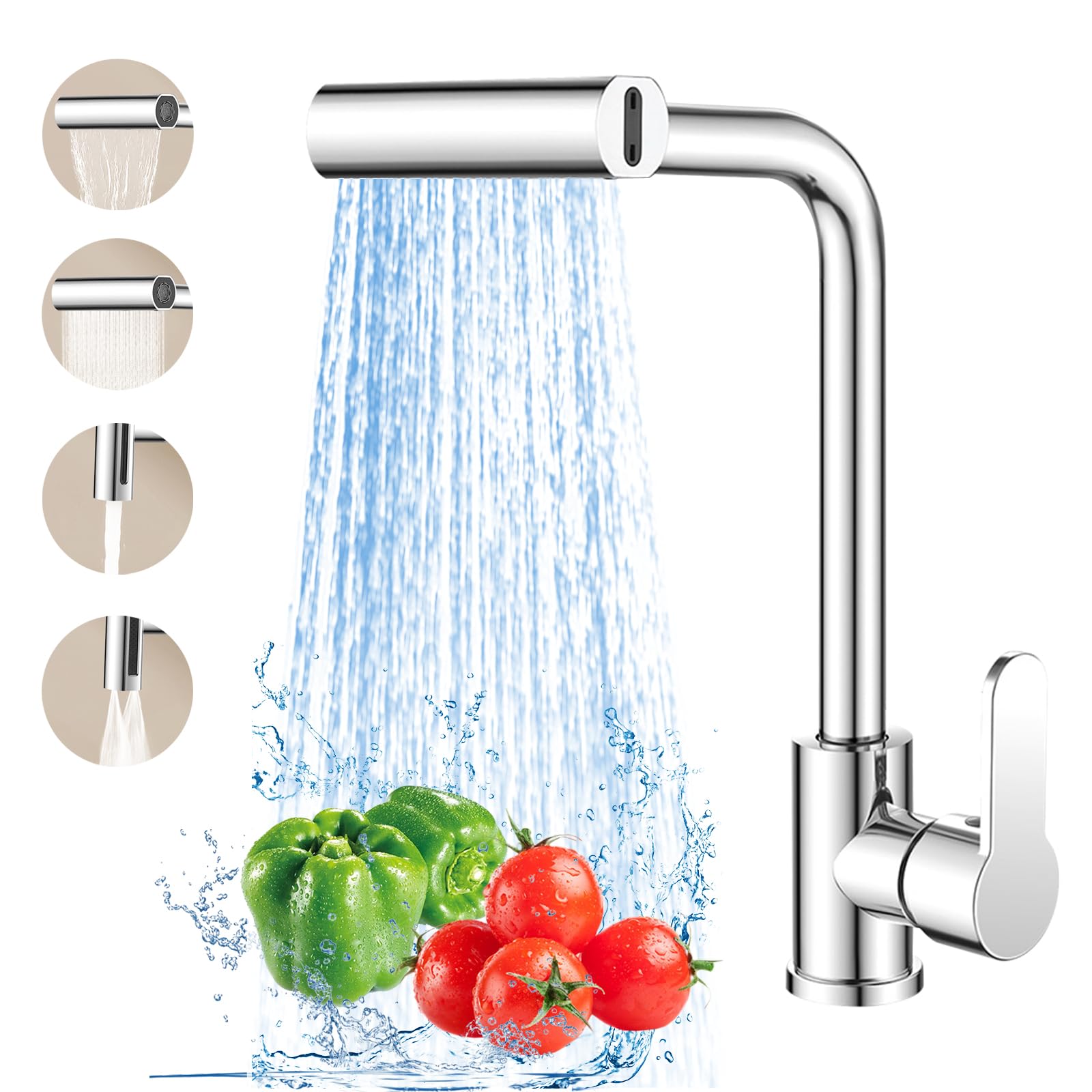 Kitchen Tap, 360° Swivel Waterfall Mixer Kitchen Faucet with Sprayer, Single Lever Handle Sink Taps mit 4 Functions, Hot Cold Switch Faucet for Bar or Kitchen (304 Stainless Steel)