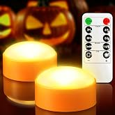 Yakpo 2 Pack Flameless Halloween LED Pumpkin Lights with Remote and Timer | Flickering orange Jack-O-Lantern lights. Battery operated electric Halloween candles for indoor outdoor pumpkin decorations