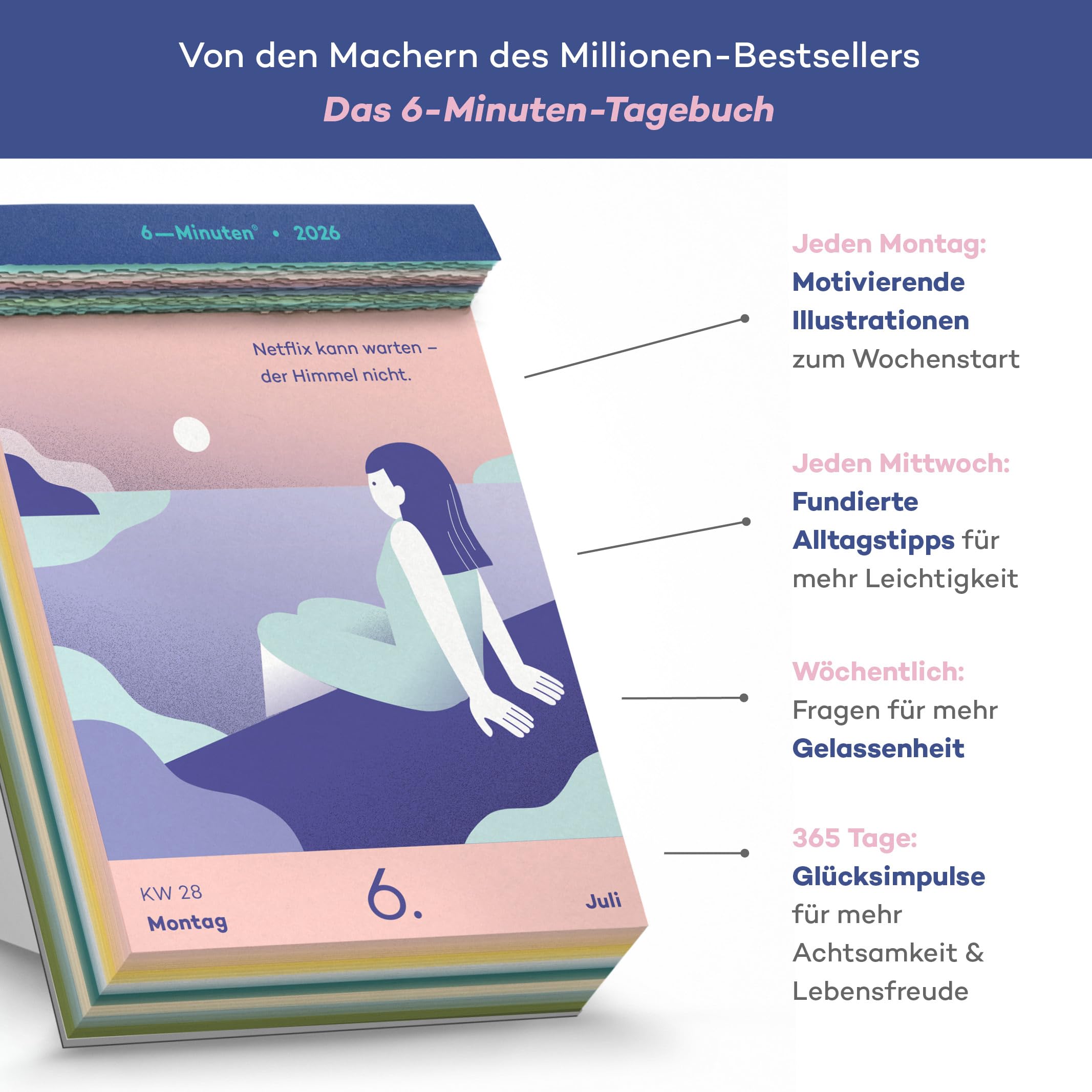 6-Minuten® Abreisskalender 2026 täglich – Achtsamkeitskalender 2026 – 365 Glücksimpulse & Sprüche im Tageskalender – Abreißkalender zum Aufstellen oder Aufhängen 2