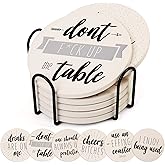 LotFancy 6PCS Ceramic Coasters with Cork Base, Round Coasters with 6 Humorous Sayings, Non-Slip, Bar Room Decor, Housewarming Gift