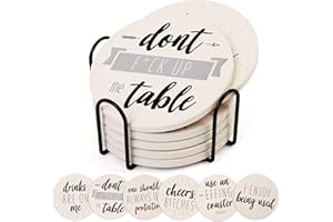 LotFancy Funny Coasters for Drinks Absorbent with Holder, 6PCS Ceramic Coasters with Cork Base, Round Coasters with 6 Sayings, Non-Slip, Bar Room Decor Housewarming Gift