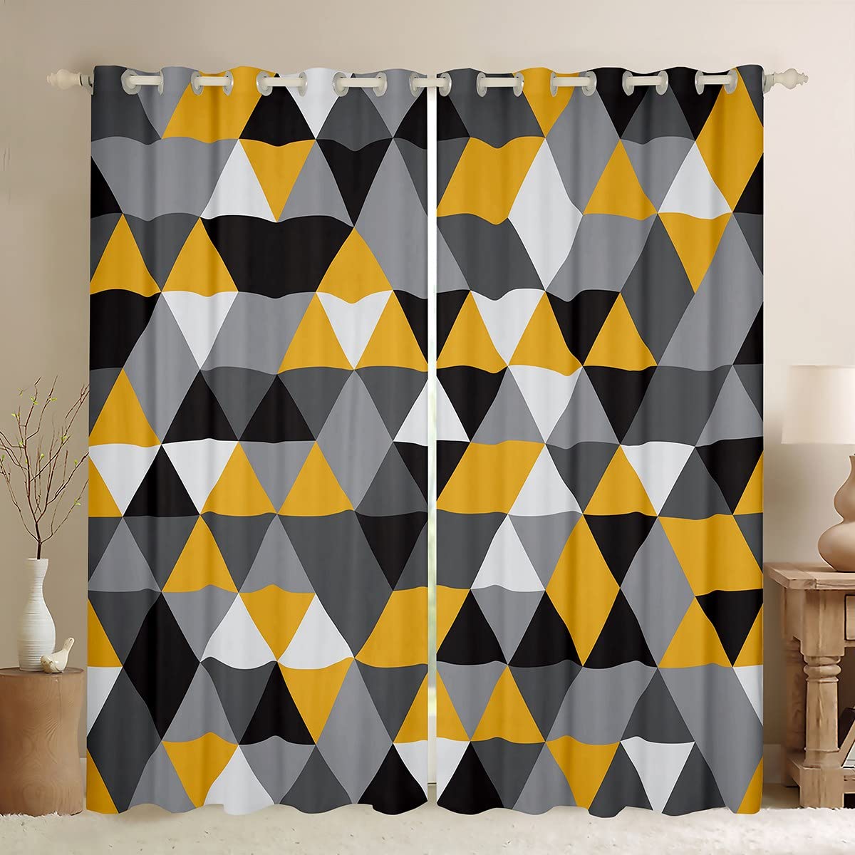 Homewish Black White Yellow 46x54 Blackout Curtains For Bedroom,Light Grey Dark Gray Geometric Window Curtains Geometry Triangle Diamond Curtains & Drapes Microfiber Window Treatments 2 Panels